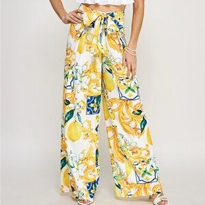 Wide Leg Lemon Print Pants - White & Yellow